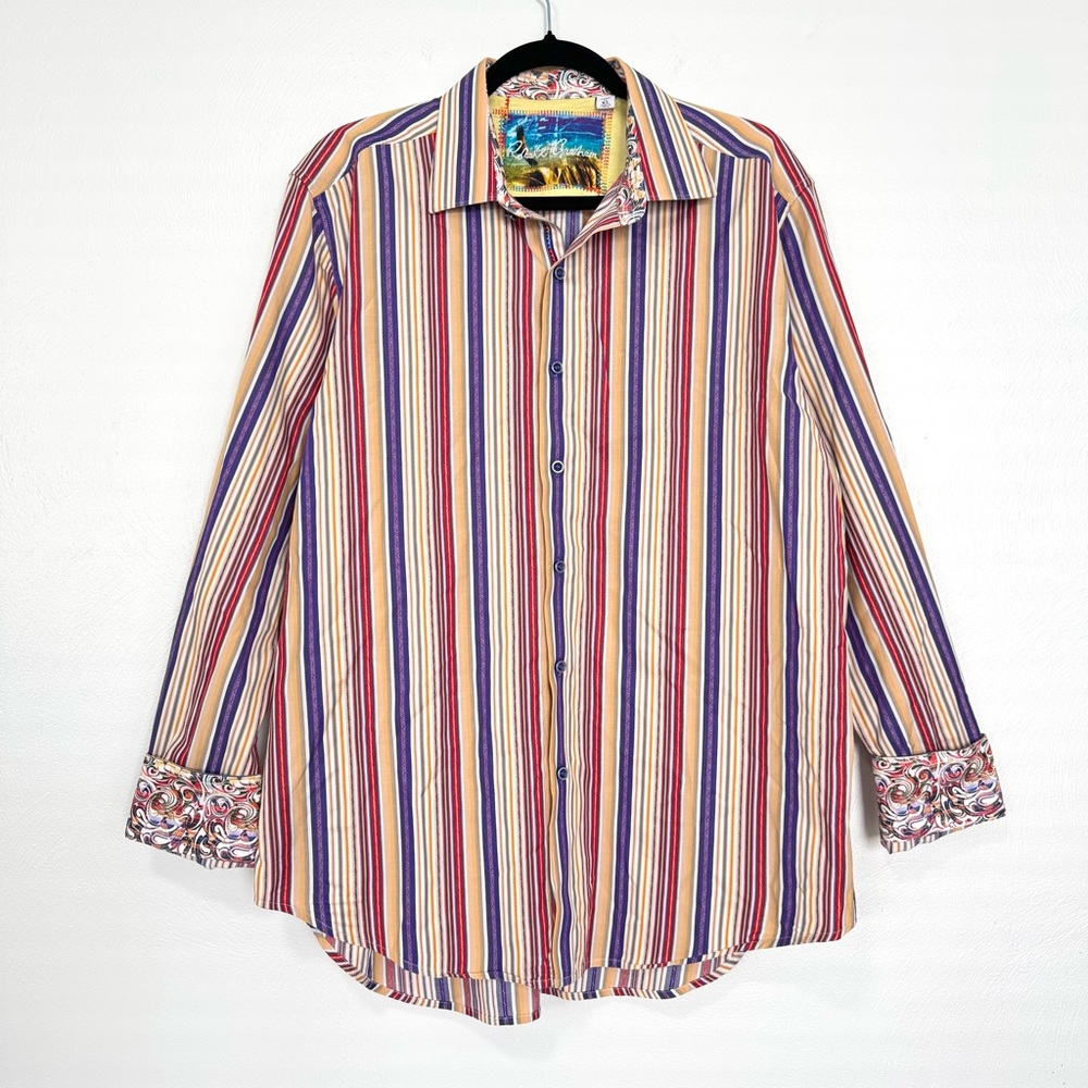 Robert Graham Crecentric Striped Shirt Men's XL Cotton Flip Cuff Eclectic Retro